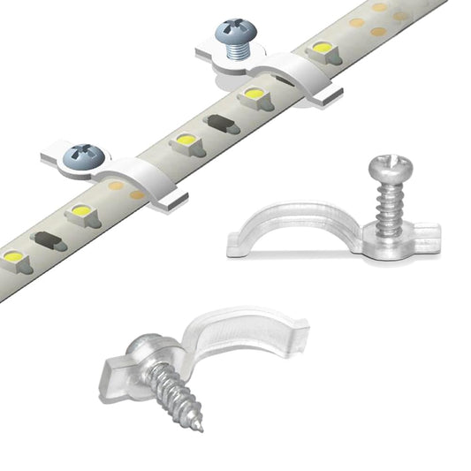 GRIVER 100 Pack Strip Light Mounting Brackets,Fixing Clips,One-Side Fixing,100 Screws Included (Ideal for 10mm Wide Waterproof Strip Lights)