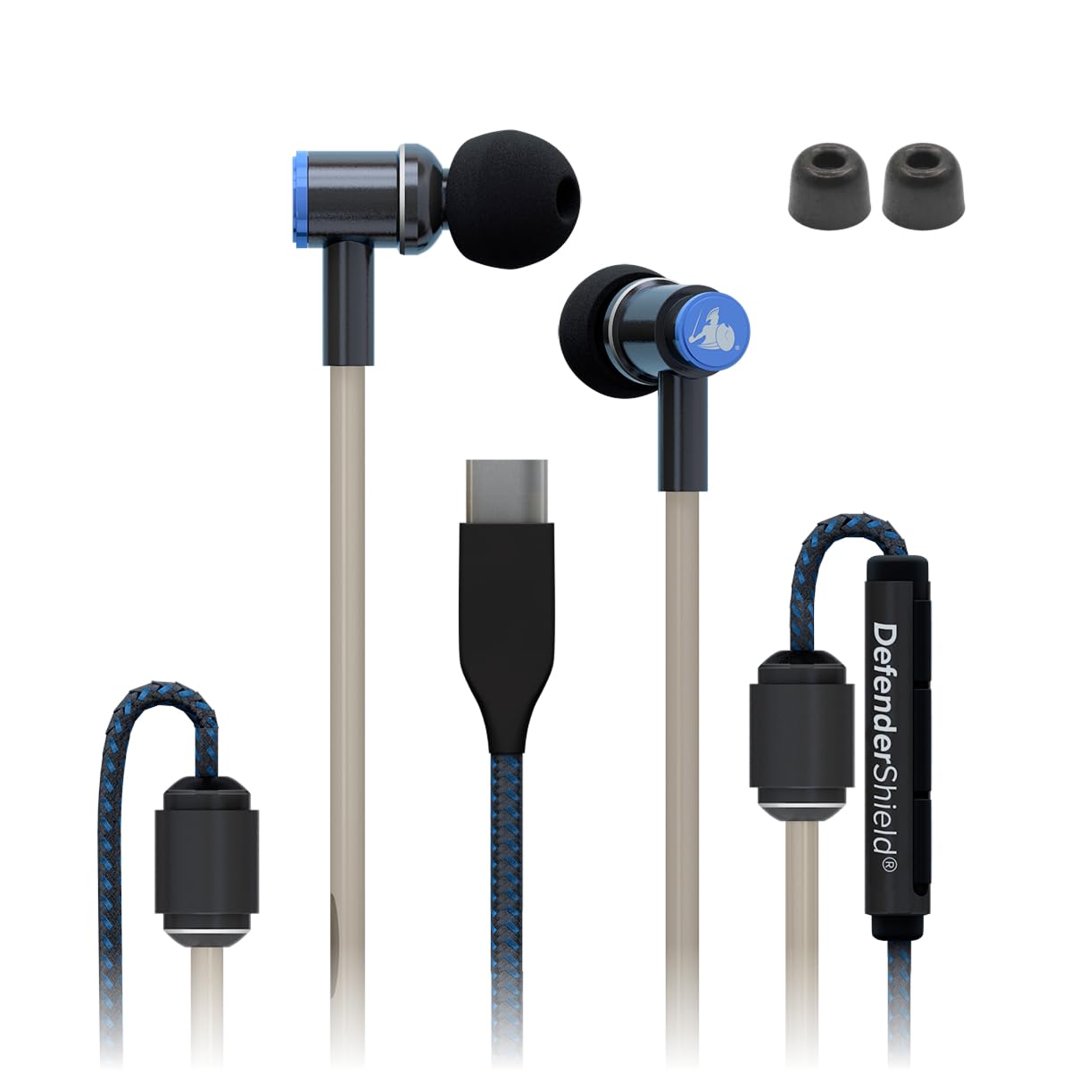 DefenderShield Air Tube Stereo Earbuds USB-C with Memory Foam Ear Tips - Universal Acoustic Wired Headphones with Mic & Volume Control