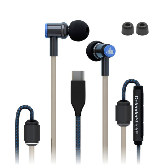 DefenderShield Air Tube Stereo Earbuds USB-C with Memory Foam Ear Tips - Universal Acoustic Wired Headphones with Mic & Volume Control