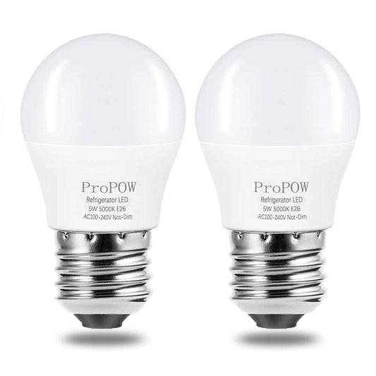 ProPOW LED Refrigerator Light Bulb, 120V A15 Fridge Bulbs 5 Watt White 5000K E26 Medium Base, Energy Saving Ceiling Home Lighting, Not-Dim, 2 Pack