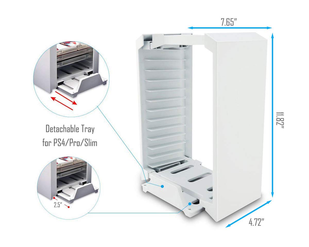 ElecGear Games Disk Tower, Vertical Stand, Dual Charger White Blu-ray DVD Disc Storage Organizer Holder, PS4 Controller Twin Charging Station