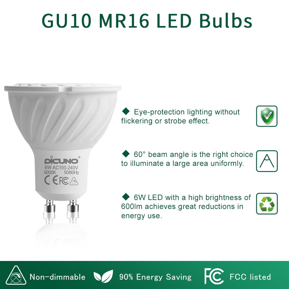 DiCUNO GU10 LED Bulb, 60W Equivalent, 600LM, Daylight White 6000K, 10-Pack