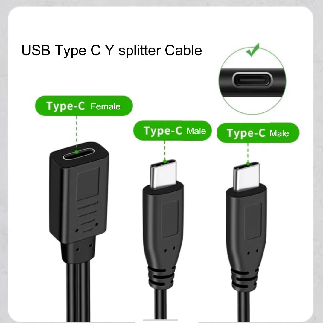 Qaoquda USB C Splitter Charge Cable,1 Feet USB Type C 1 Female to 2 Dual Male Y Splitter Extension Charging Cable(Only for Charging,Can't Transmit