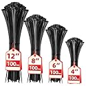 Cable Zip Ties,400 Pack Black Assorted Sizes 12+8+6+4 Inch,Multi-Purpose Self-Locking Nylon Cable Cord Management,Plastic Wire Ties