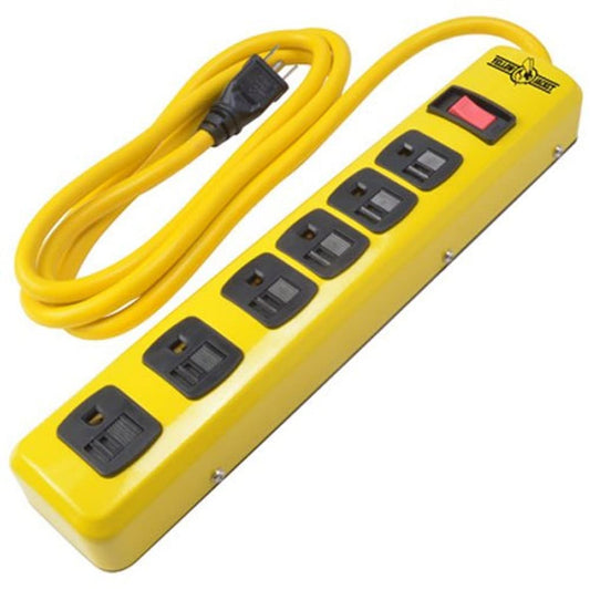 Southwire Yellow Jacket Heavy Duty Power Strip - 6 Outlet Industrial Metal Workshop Strip - Sliding Safety Covers - Overload Protection - 6 Ft Yellow