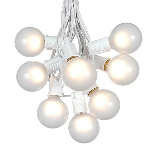 G50 Patio String Lights with 25 Frosted White Globe Bulbs - Wedding Outdoor String Lights - Market Bistro Café Hanging String Lights - Patio Garden