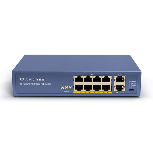 Amcrest 8-Port POE+ Switch, Power Over Ethernet, 802.3at, 96W, Metal Housing, 2-Port Uplink, Unmanaged, Desktop, 1-Year Warranty