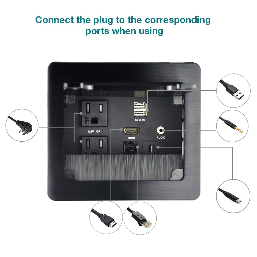 Tabletop Brush Flip Connectivity Box with 2 AC Power + 2 USB Charger + HDMI + 1 3.5mm Audio + USB-C Data + RJ45(cat6) for Conference Room (Black)