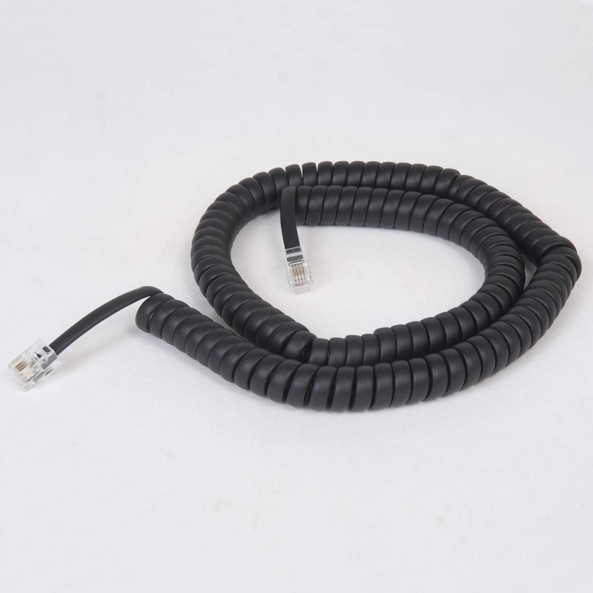 Cablesys Coiled Telephone Handset Cord for Use with PBX Phone Systems, VoIP Telephones - 12 Ft Uncoiled, Rj22, 1.5 Inch Lead on Both Ends, Flat Black