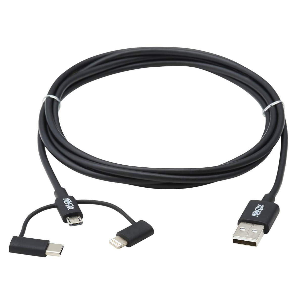 TRIPP LITE 3 in 1 Multi Charging USB Cable, USB-A to Lightning, USB Micro B, and USB-C Universal All in One Charger Cable, Sync and Charge Cord, 6 ft
