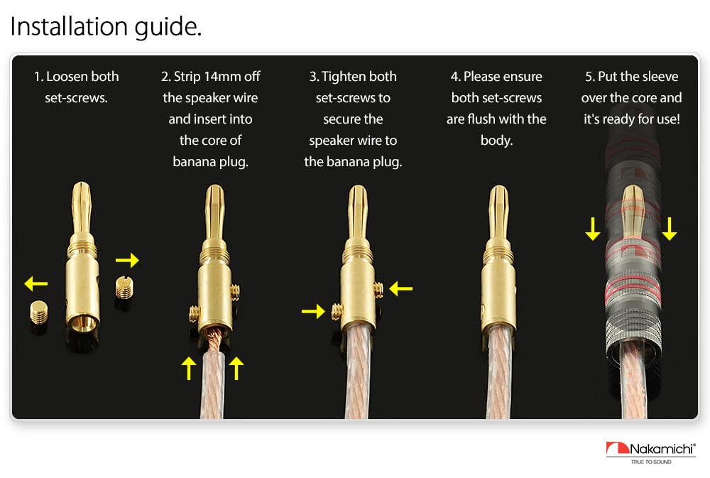 Nakamichi Ultimate Series 24K Gold Plated Beryllium Red Copper Banana Plug 12-18 AWG Gauge Size 4mm Connector for Speakers Wire Amplifiers Hi-Fi Sound