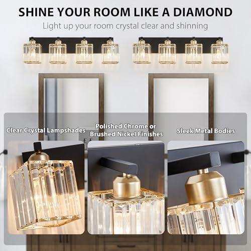 Bathroom Vanity Light Fixtures Over Mirror 4 Crystal Lights - Makeup Lighting Black Gold - for Modern Wall, Bath, Desk, Farmhouse, Hallway
