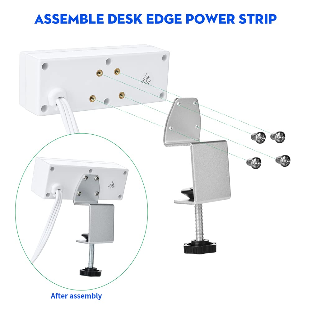 Desk Edge Power Strip with USB Ports Desktop Clamp Power Outlets Mountable Under Desk Power Socket 6'56 Feet Extension Cord ETL Certified (White)