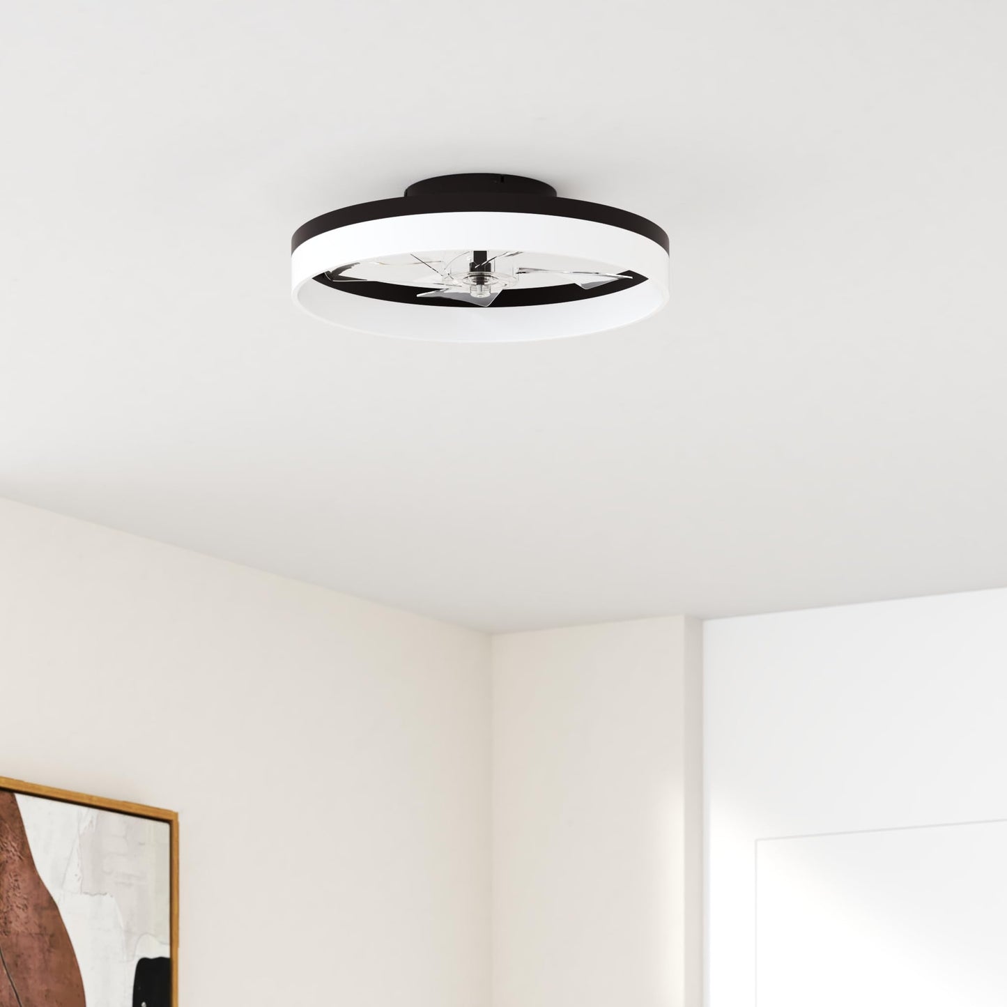 VOLISUN Low Profile Ceiling Fans with Lights and Remote, 19.7in Fandelier Ceiling Fan Flush Mount, 3000K-6500K Smart Bladeless LED Fan Light, Brown