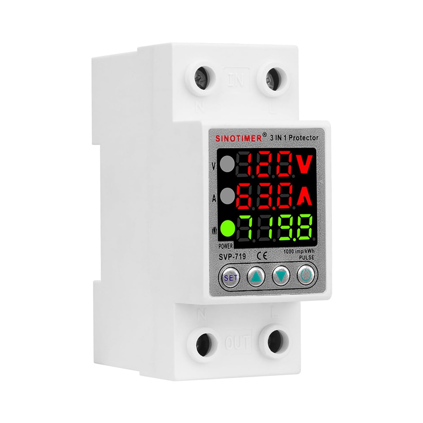 SINOTIMER SVP719 3 LED Display 120VAC 63A Adjustable Voltage Surge Protector Relay with Limit Current Protection, Single Phase Low Voltage Monitor
