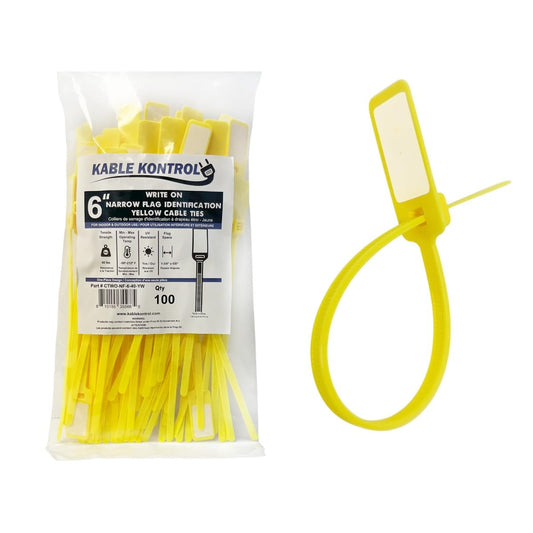 Kable Kontrol Write-On Narrow Flag Zip Ties - 6 Inch Cable Ties with Writable ID Tags - 100 Pack Wire Marker Labels - Nylon Self-Locking Tie Straps