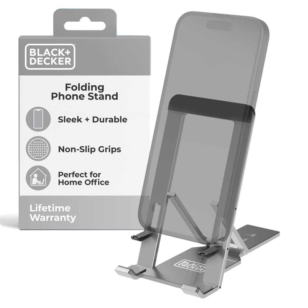 BLACK+DECKER Phone Stand for Desk - Folding Cell Phone Stand Holder - Adjustable and Portable, Folds Down Flat - for Office, Gaming, Bed, Travel