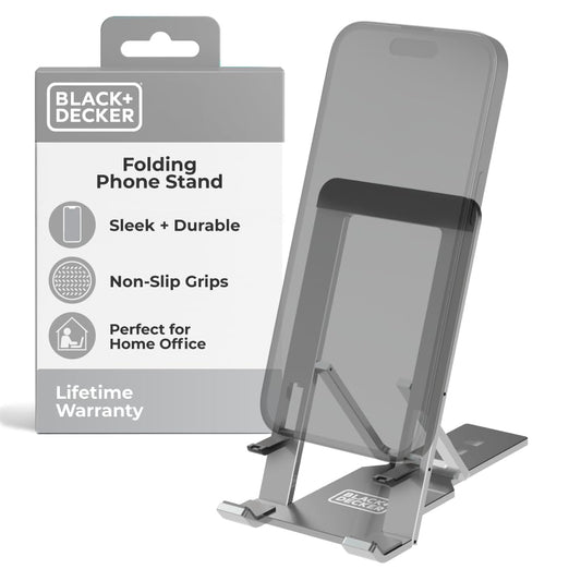 BLACK+DECKER Phone Stand for Desk - Folding Cell Phone Stand Holder - Adjustable and Portable, Folds Down Flat - for Office, Gaming, Bed, Travel