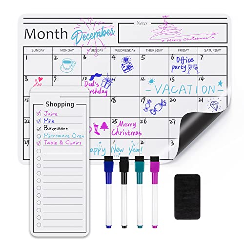 Amazon Basics Magnetic Dry Erase Whiteboard Calendar for Fridge, Easy to Clean, Schedule Organizer, 12" x 17", Includes 4 Markers and Eraser