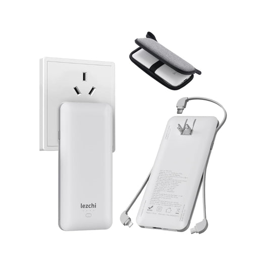 lezchi Portable Power Bank, Ultra Slim 10000mAh Portable Charger, USB C External Battery Pack with Built-in AC Plug, Charging Cable, Output Port