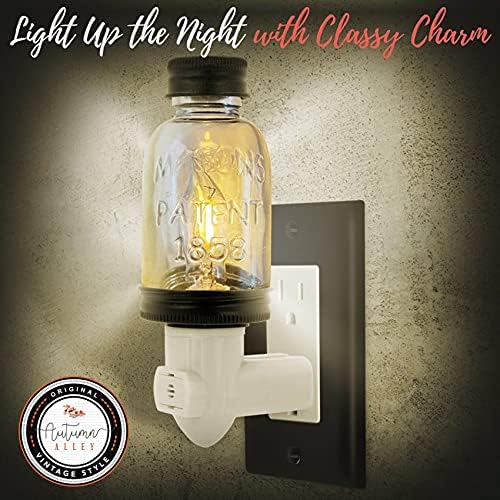 Autumn Alley Rustic Mini Mason Jar Night Light in Bronze | Auto On/Off Sensor | Plug in Farmhouse Wall Decor | Cute Country Night Light | Energy