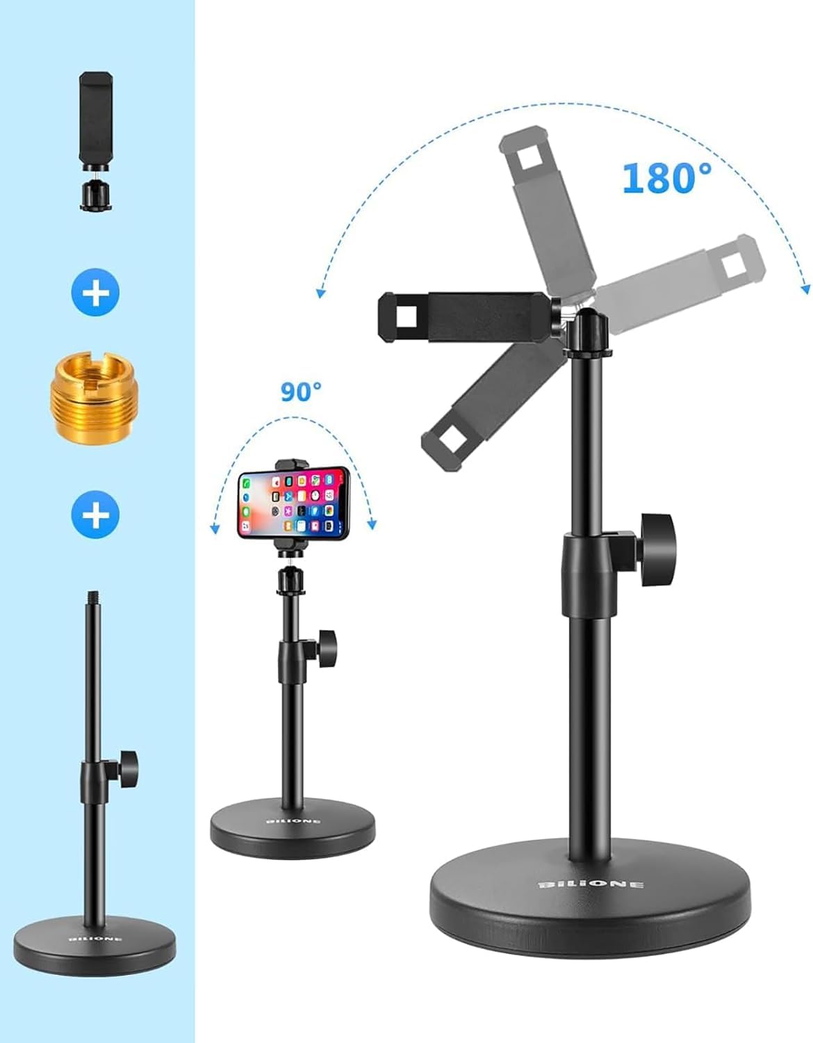 BILIONE 3 in 1 Multi Function Desktop Microphone Stand, Adjustable Table Mic Stand with Microphone Clip, Cell Phone Clip, 5/8" Male to 3/8" Female