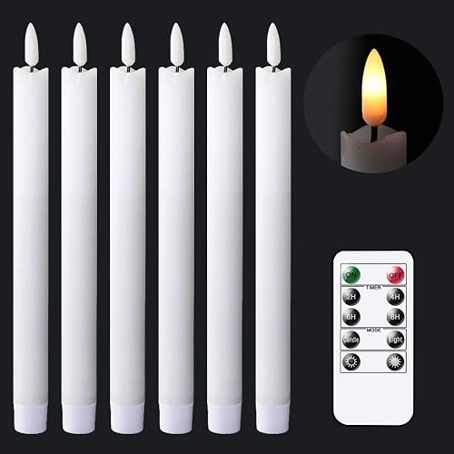 GenSwin Flameless White Taper Candles Flickering with 10-Key Remote, Battery Operated Led Warm 3D Wick Light Window Candles Real Wax Pack of 6