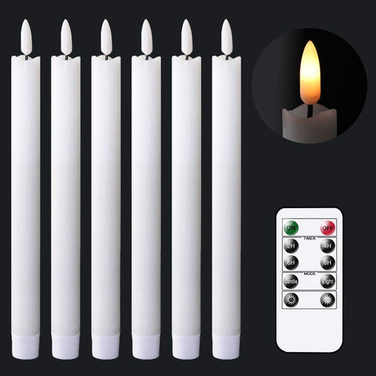 GenSwin Flameless White Taper Candles Flickering with 10-Key Remote, Battery Operated Led Warm 3D Wick Light Window Candles Real Wax Pack of 6