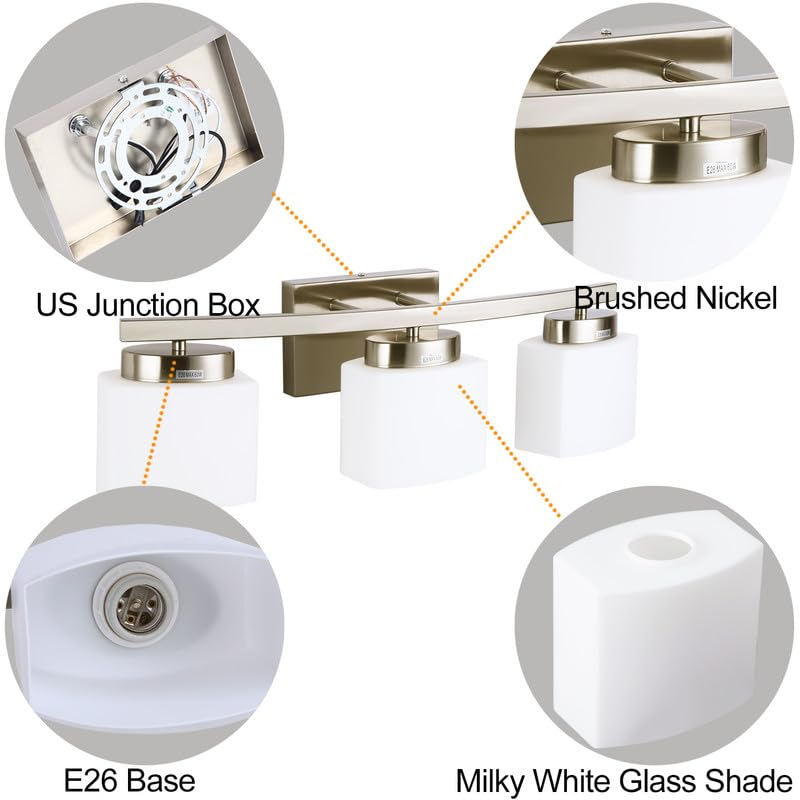 Dosoty 3 Light Bathroom Vanity Light Over Mirror, Modern Brushed Nickel Vanity Lights with Milky Glass Shade, 23 inches Vanity Lighting Fixtures
