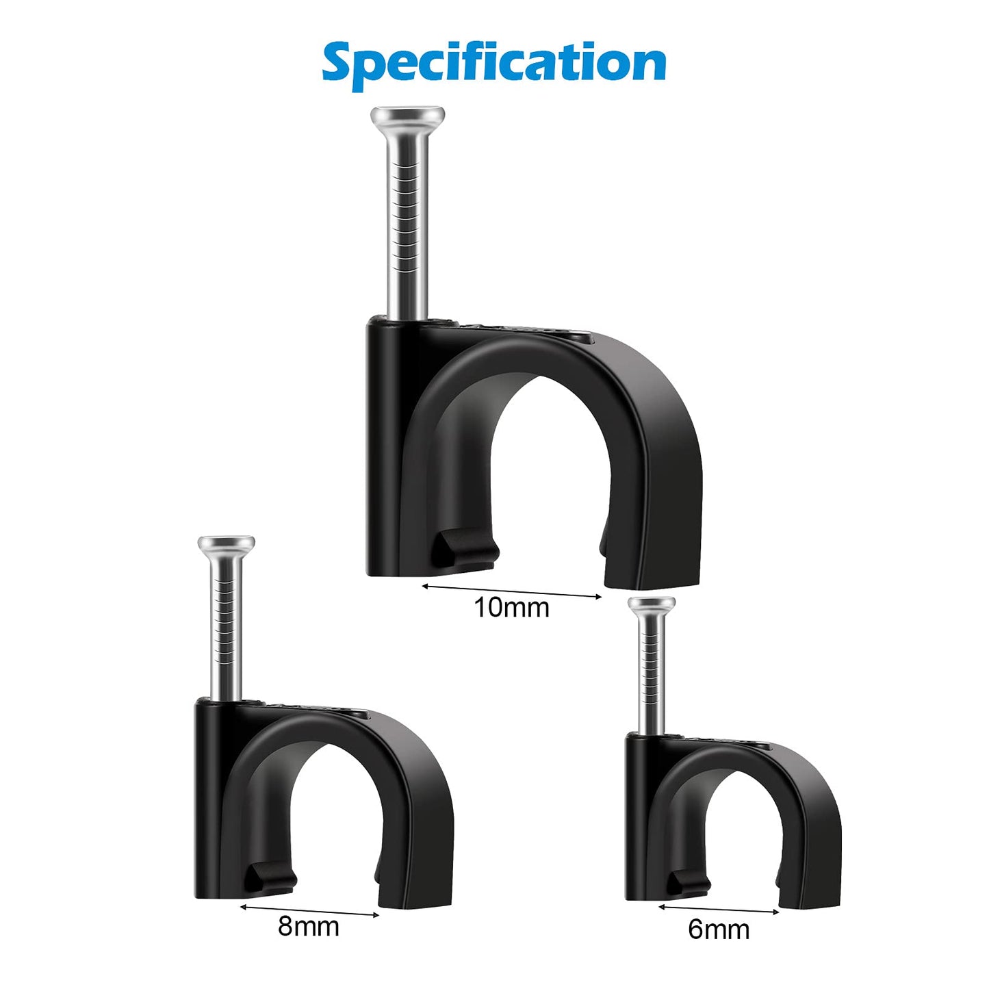 ERKXD Cable Clips Black with Steel Nails 10mm Wire Clips to Wall, Black Round Cable Nail Clips (0.39in/10mm)