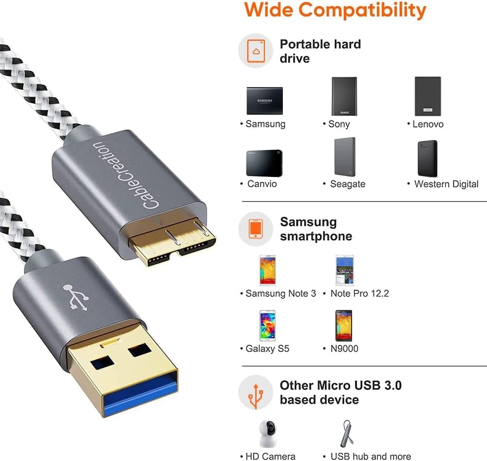 CableCreation Short USB3.0 Hard Drive Cable 1FT, USB 3.0 A to Micro B Cable 5Gbps Data, USB 3.0 External Works for WD Toshiba, Seagate Hard Drive