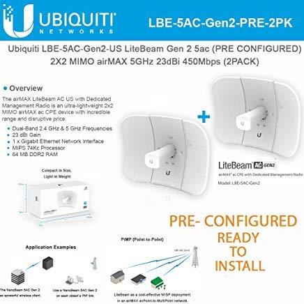 LiteBeam ac Gen LBE-5AC-Gen2-US PRE-CONFIGURED 2 Units 2X2 MIMO airMAX Wireless Antenna 5GHz 23dBi 450+ Mbps CPE