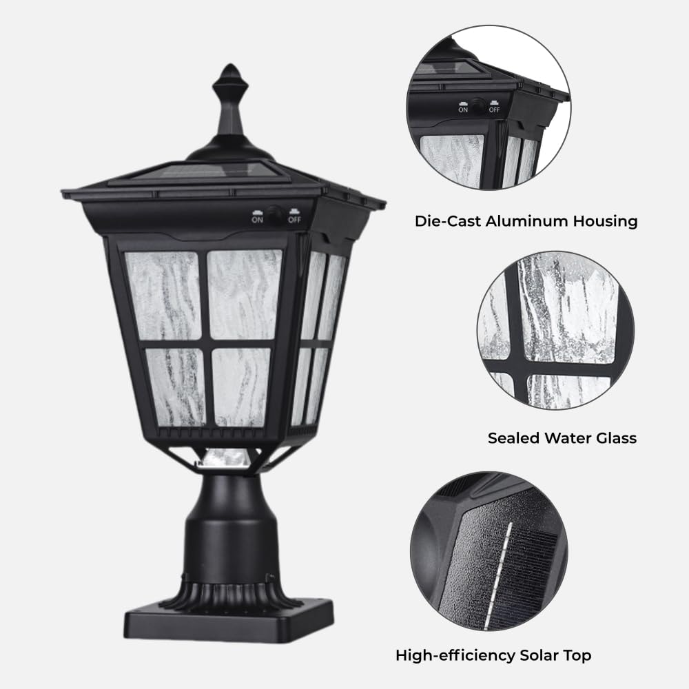 Kemeco Solar Lamp Post Light, Cast Aluminium Waterproof LED with Glass Outdoor Dusk to Dawn Solar Post Light ST4311AQ for Pier Mount Pillar Gates