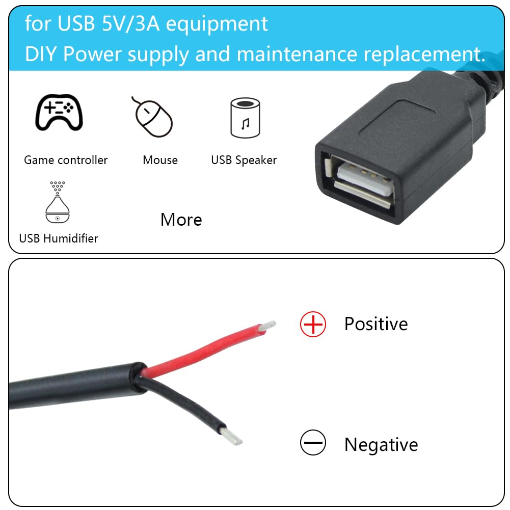 Maixbomr 2Pcs Short USB A Female 2 Pin Bare Wire 11inch, USB 5V/3A Pigtail Open End Power Cable, for USB Equipment Installed or Replace Repair DIY