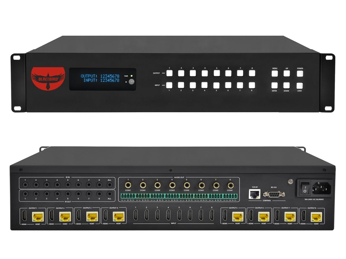 Monoprice Blackbird Pro‑Series 8x8 HDMI Matrix, 8 HDMI inputs, 8 HDMI and HDBaseT Mirrored Outputs, 18Gbps, 4K2K@60Hz (YUV 4:4:4), HDR, HDR10, HDR10+