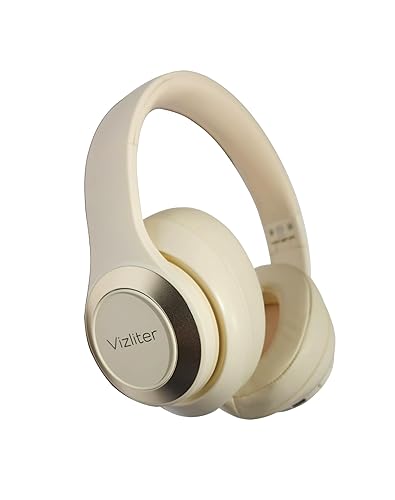 Vizliter Bluetooth Headphones, TWS Deep Bass Wireless Over-Ear Headset 5.3 with Built-in Mic LED Lights, Noise Cancelling Audio Earphones (Beige)