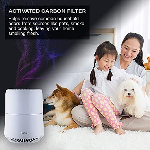 Profile Air Purifier for Small Rooms, True HEPA Filter with Activated Carbon, Quiet 25 dB Sleep Mode, Air Quality Sensor, Auto Mode, Child Lock