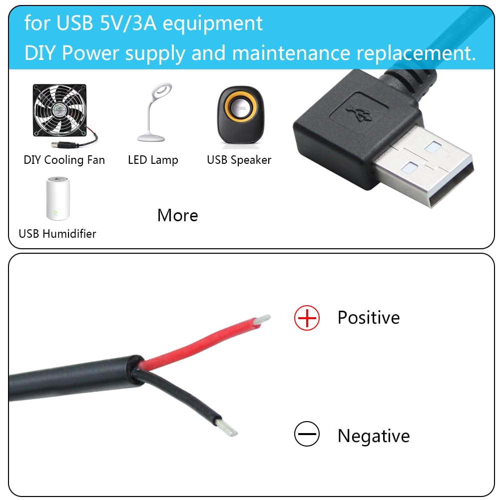 Maixbomr 90 Degree USB 2.0 Male Plug 2 Pin Bare Wire,1M/3FT USB A Male 2Pin Pigtail Open End Power Cable,for 5V/3A USB Equipment Installed or DIY