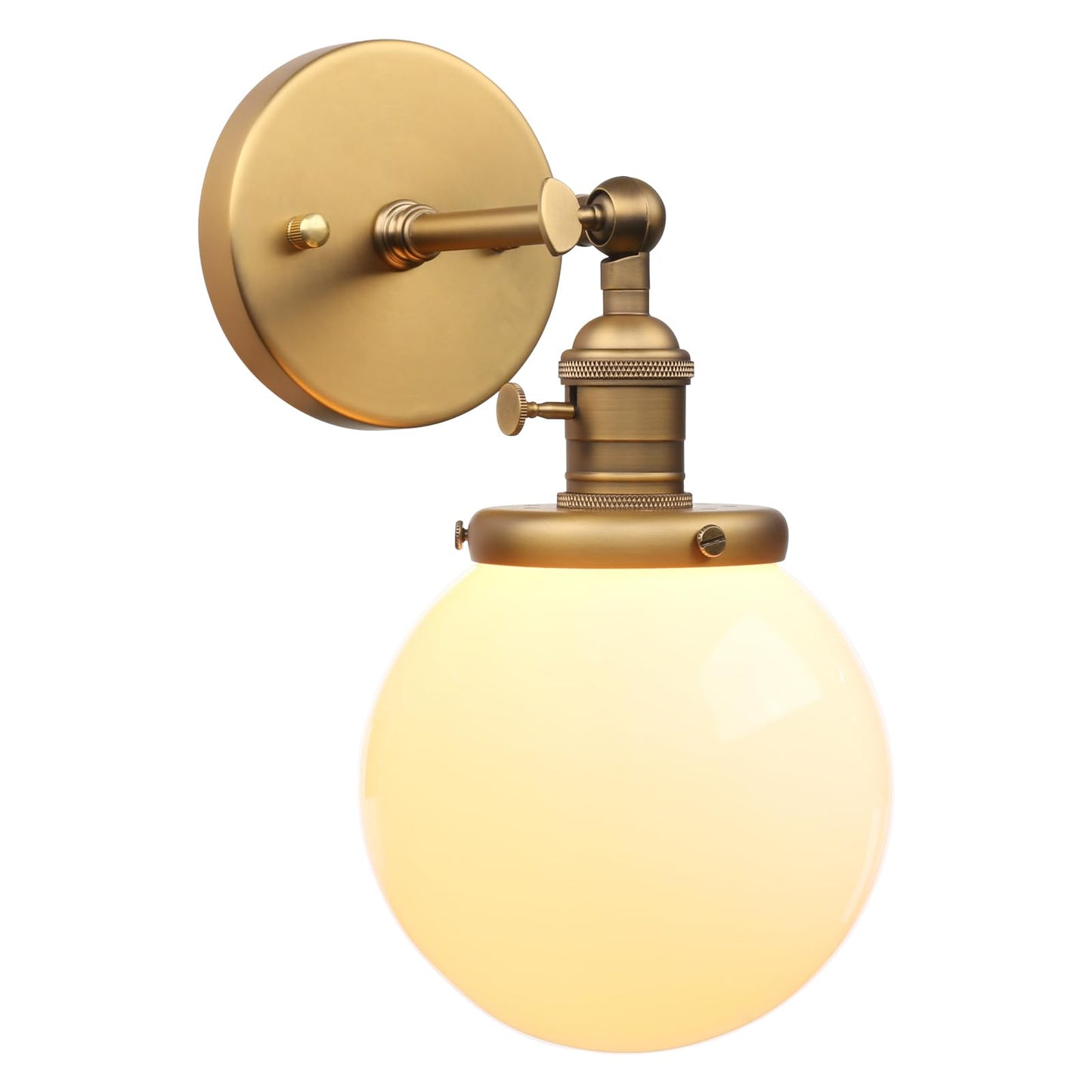 PERMO Vintage Wall Sconce Lighting Fixture with 5.9" Round Globe Milk White Glass Hand Blown Shade Hardwired wall sconces with Switch (Antique Brass)