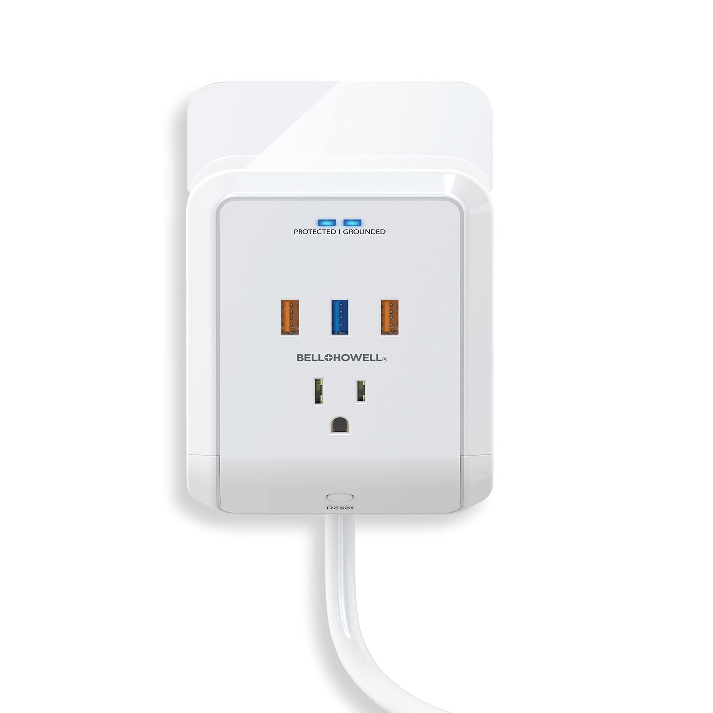 Power Pro Outlet Extender with 45” Cord - Easy-Install Power Strip Electric Surge Protector, USB Wall Charger, 3 Power Outlets, Docking Station