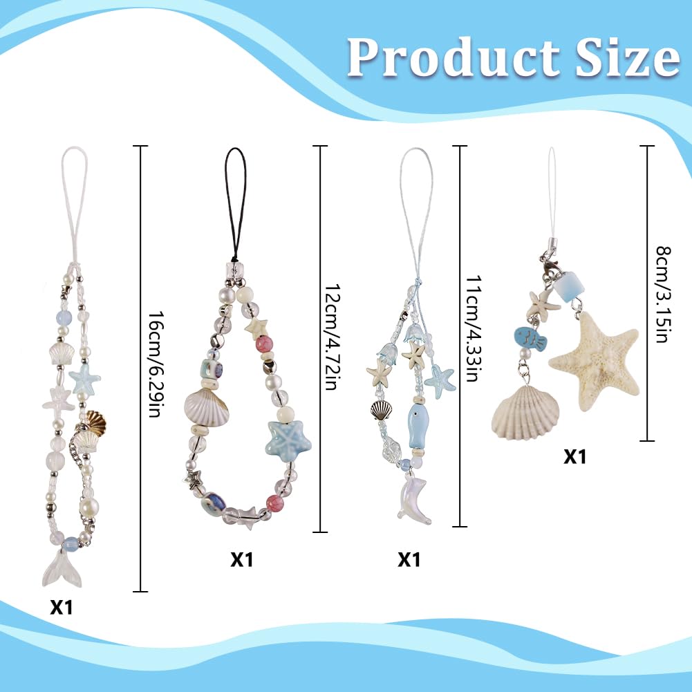 4PCS Phone Charm Wrist Straps Camera Pearl Shell Ocean Lanyard Chain Beaded Cute Blue Bracelet Strap Keychain for Women Phone Bag Camera Decoration