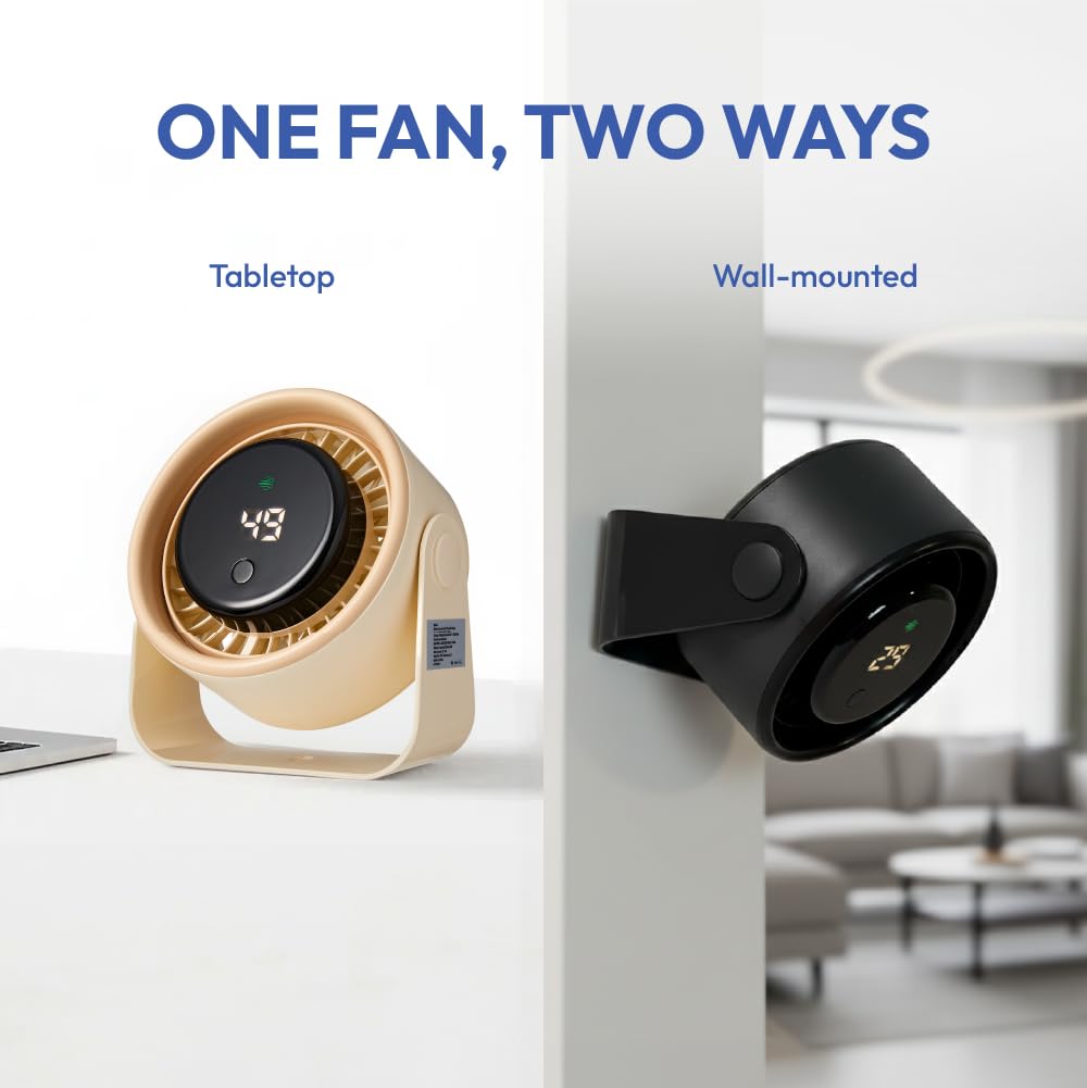 MAVI Small Desk Fan, Rechargeable Quiet Mini Personal Fan with LED Digital Display, Portable Wall-Mount & Cordless Design, 3 Speeds, Long Battery