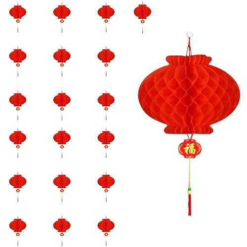 KYMY 20pcs Chinese Red Paper Lanterns,Red Hanging Round Decorative Chinese Paper Lanterns for Chinese Lunar Dragon New Year,Spring Festival, Wedding