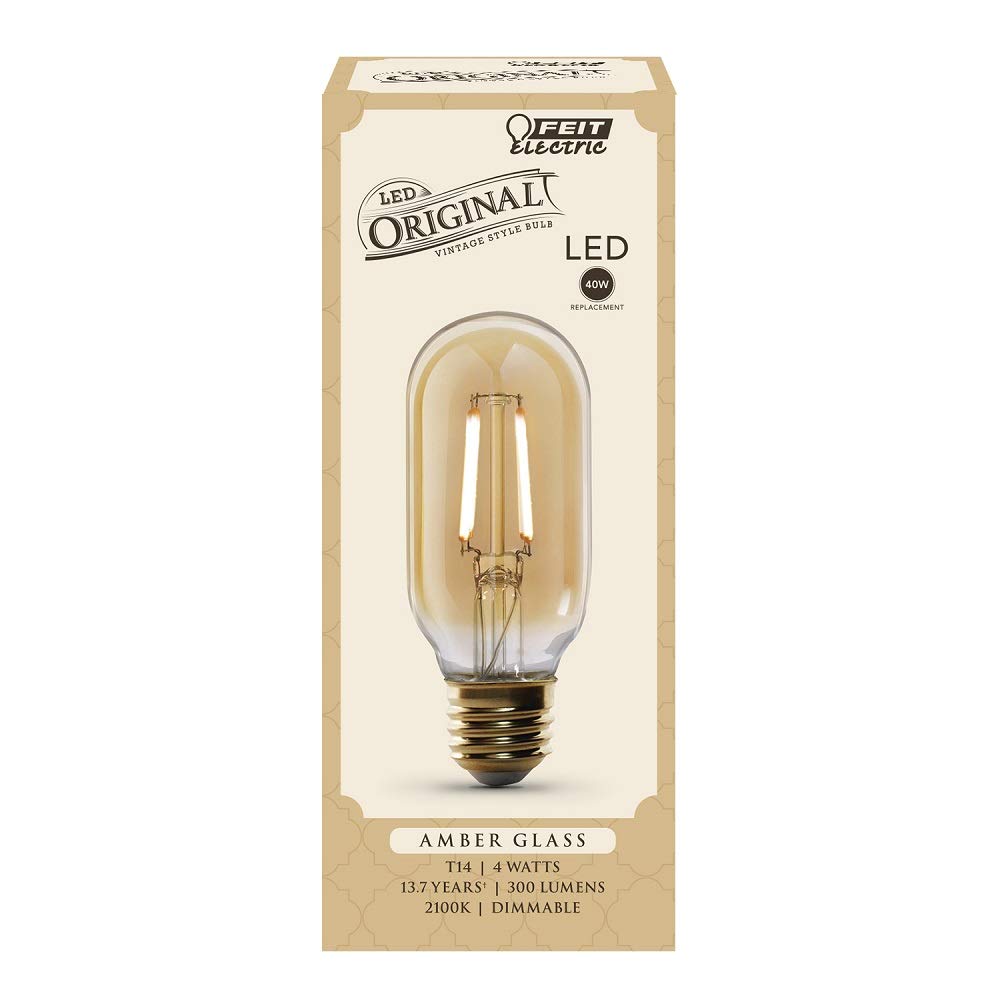 Feit Electric Vintage Exposed Filament Amber Glass LED T14 with a Medium E26 Base Light Bulb - 40W Equivalent - 10 Year Life - 300 Lumen - 2100K Soft