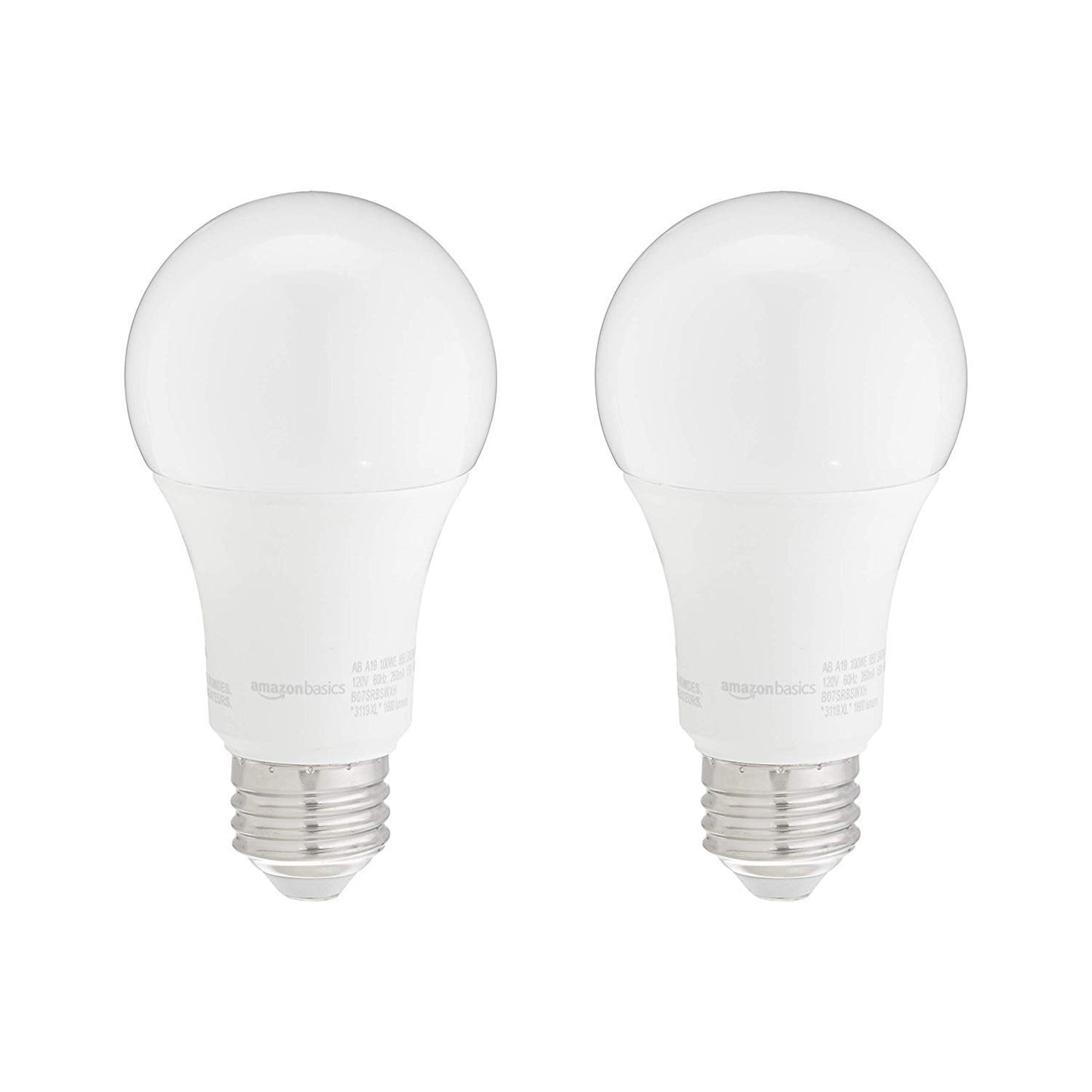 Amazon Basics A19 LED Light Bulbs, 100W Equivalent, Daylight White 5000K, Energy Efficient 15W, Non-Dimmable, 10,000 Hour Lifetime, 2-Pack