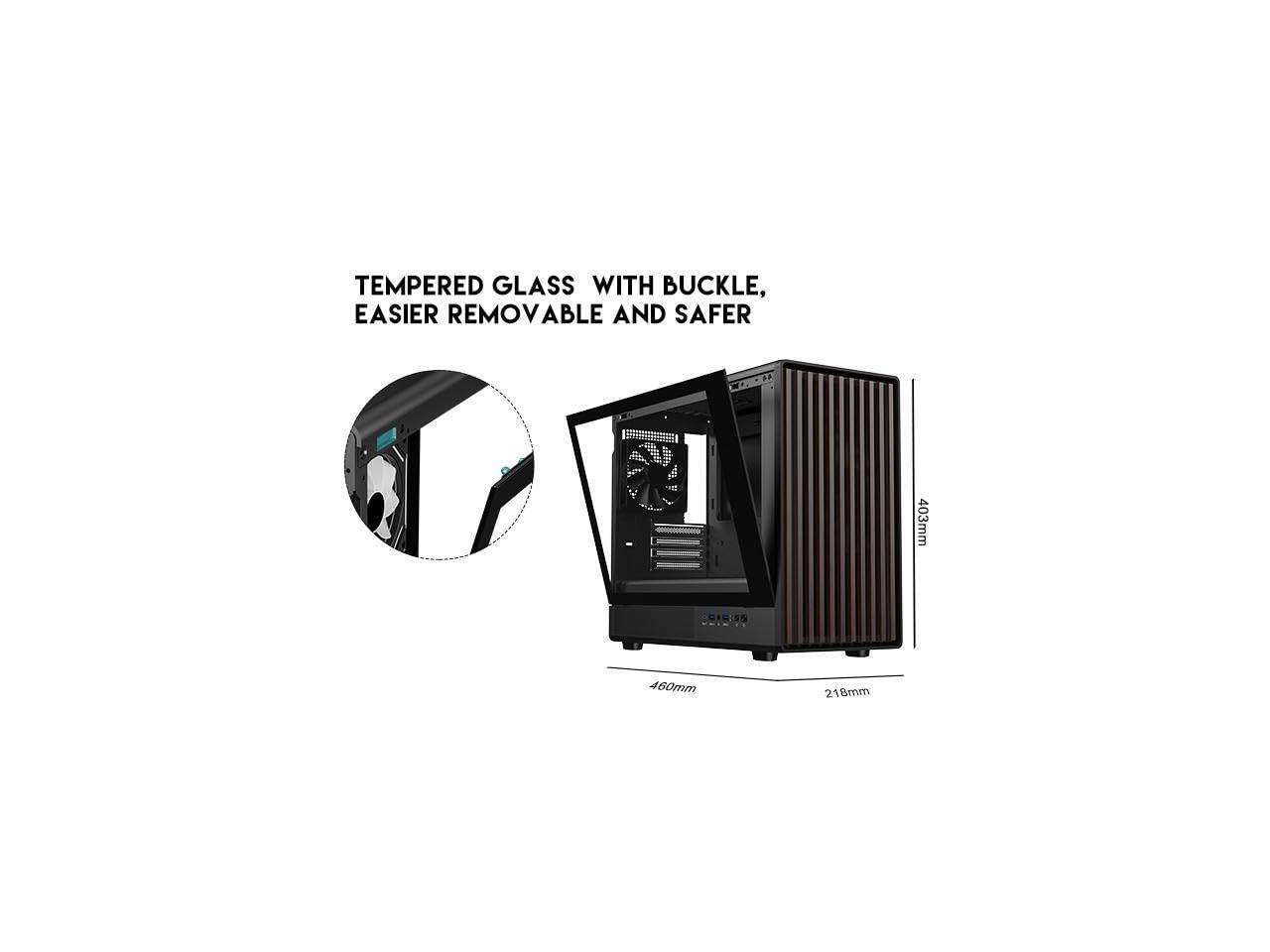 DIYPC DIY-mATX06-Wood Black USB3.0 /Type C Micro ATX Mid Tower Gaming Computer Case w/Tempered Glass Side Panel and Walnut Wood Front Panel / 4 x PWM