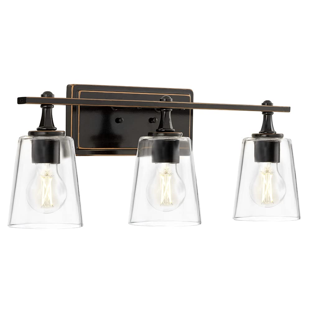 Maxxima 3-Light LED Vanity Light Fixture, Farmhouse Bathroom Vanity Wall Light, 2400 Lumens, 2700K Warm White Modern Clear Glass Wall Light, A19 Bulbs