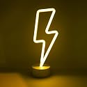Isaac Jacobs 11.75” x 4.35” LED Neon Yellow Lightning Bolt Tabletop Lamp, White Base, Night Light, for Bedroom Décor & Party; Battery Powered