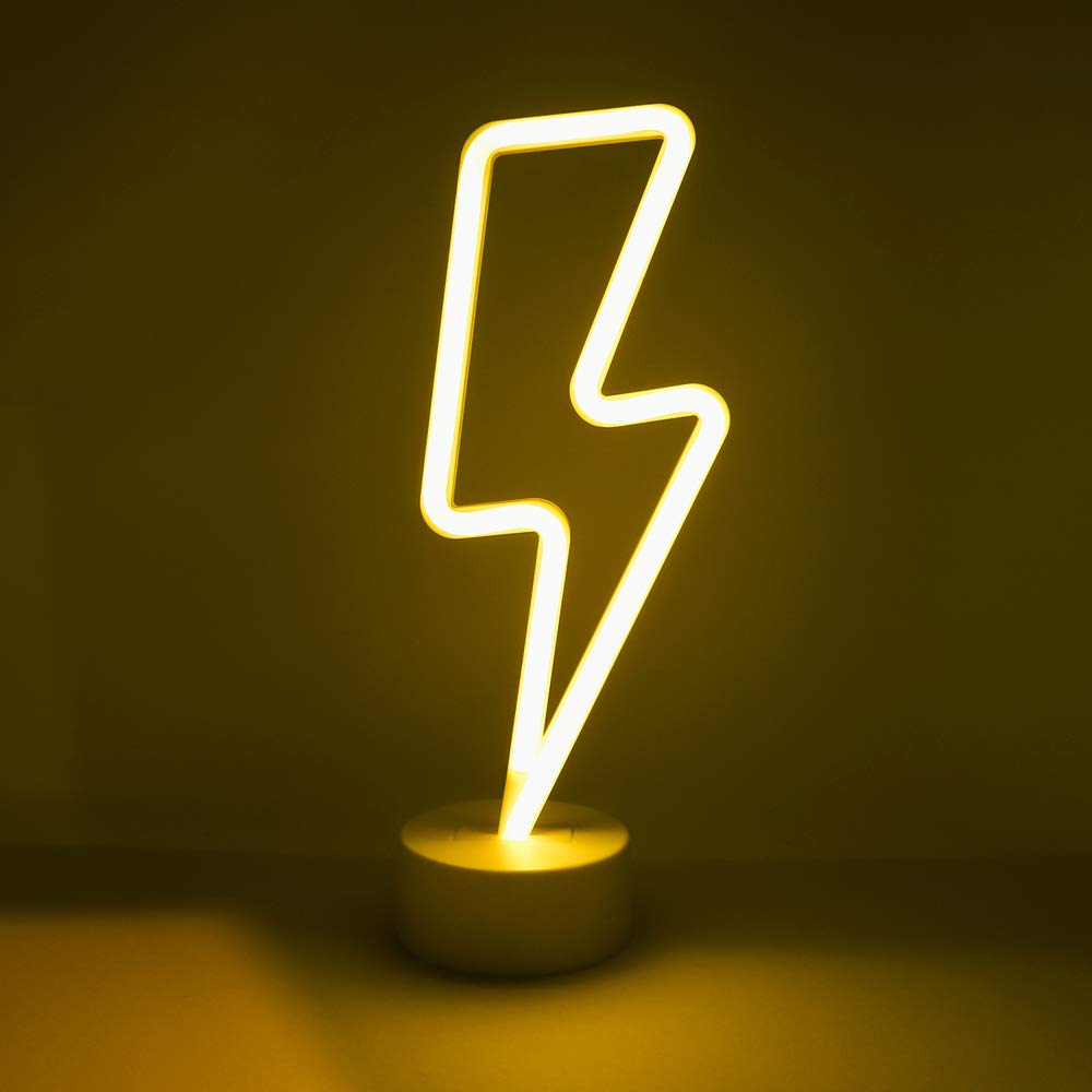 Isaac Jacobs 11.75” x 4.35” LED Neon Yellow Lightning Bolt Tabletop Lamp, White Base, Night Light, for Bedroom Décor & Party; Battery Powered