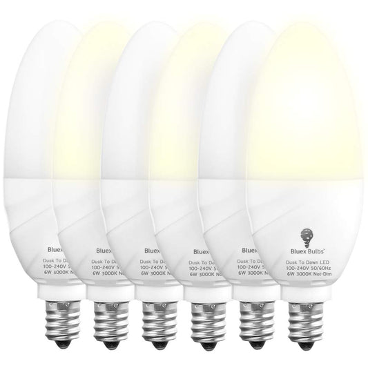 6 Pack BlueX Dusk to Dawn LED Bulbs, 6W E12 Base Light Bulb - 65W Equivalent - 3000K WarmLight White - Smart Light Sensor Candelabra Bulb, Home